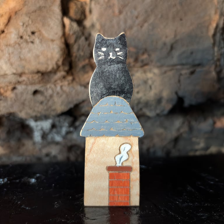 Black Cat on Rooftop Wooden Ornament - Handmade Folk Art Shelf Decoration