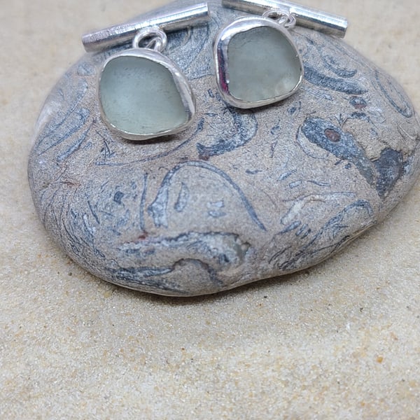 Sea glass - eco - recycled sterling silver cufflinks - unique - warm gr