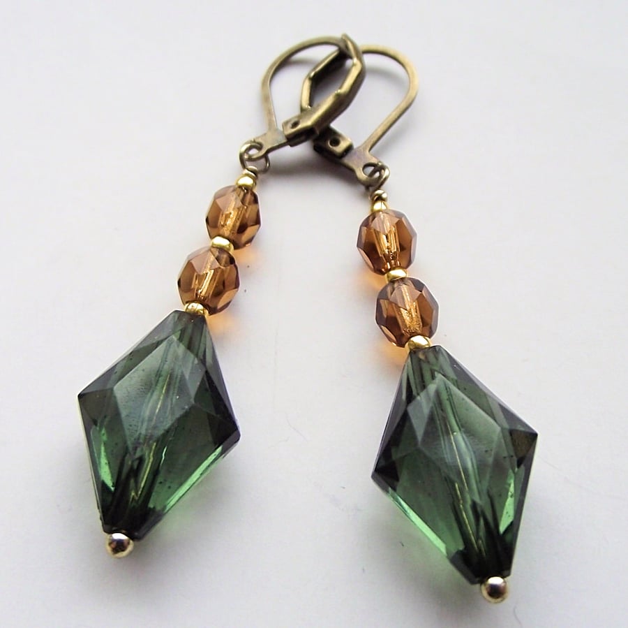 Dark green and amber crystal glass earrings Vintage style art deco bronze