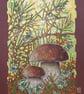 Bolete mushrooms in the undergrowth original artwork, small drawing - Image 6