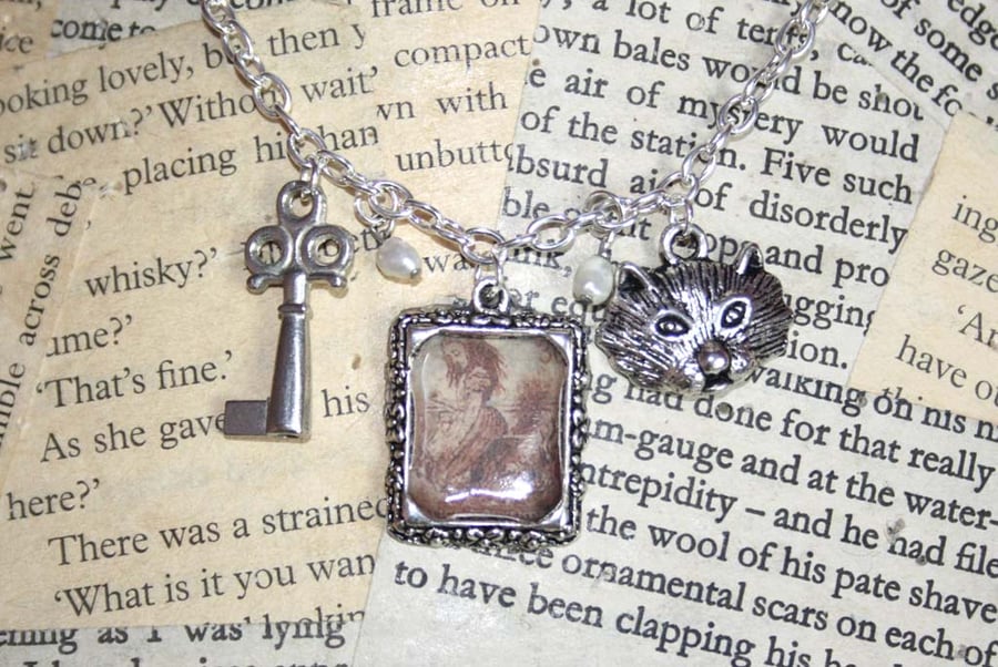 SALE Alice in Wonderland Illustration Silver Charm Necklace