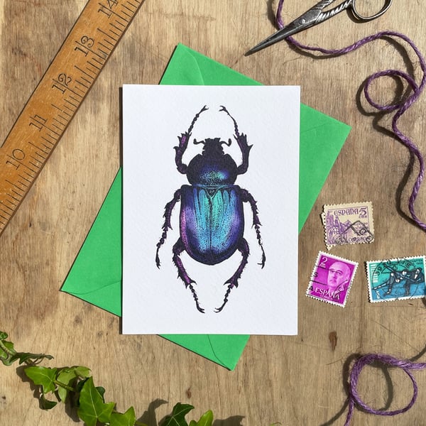 Purple Beetle Illustrated Blank Greeting Card