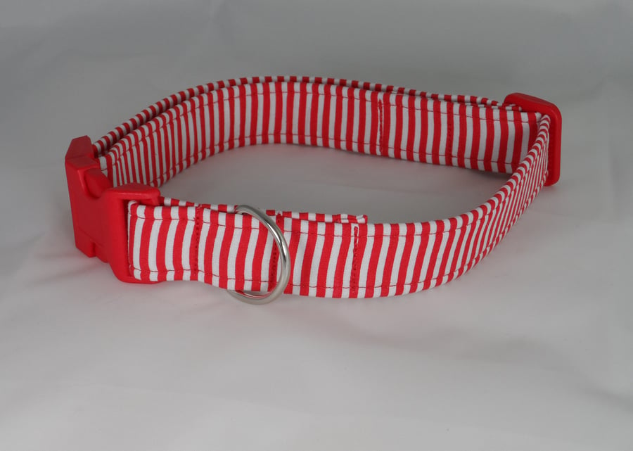 Handmade Summer Fabric Dog Collar - Red Pinstripe - Large
