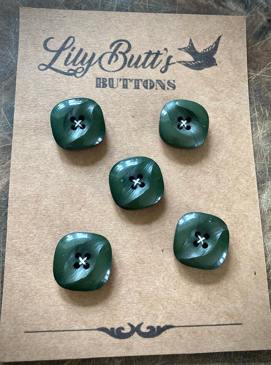 5 Vintage Chunky Olive Green Buttons - 22mm