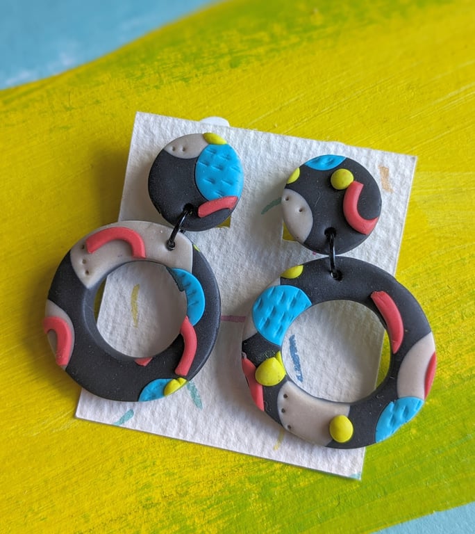 Clip on Dangly earrings, Statement earrings, navy blueblack earrings, red, navy