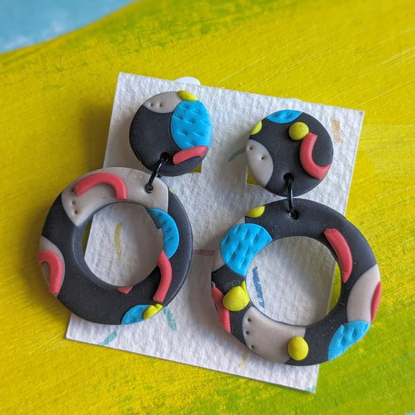 Clip on Dangly earrings, Statement earrings, navy blueblack earrings, red, navy