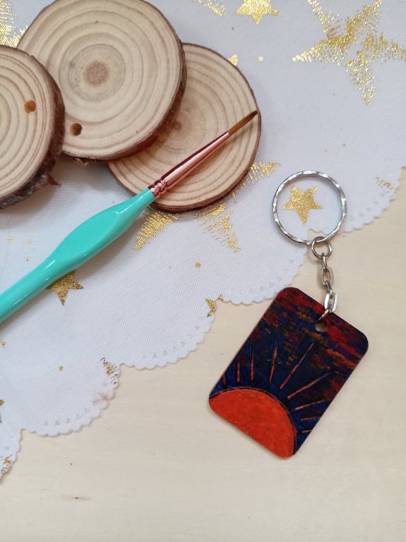 Wooden rectangular sunset keyring 