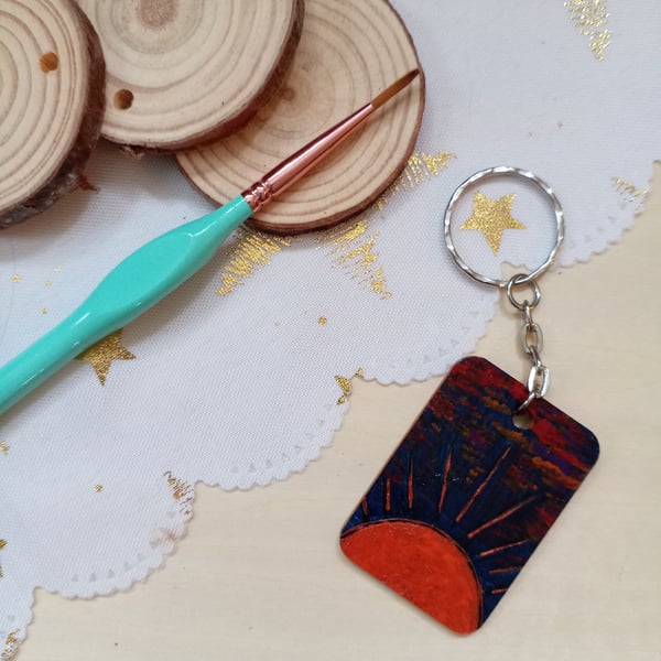 Wooden rectangular sunset keyring 