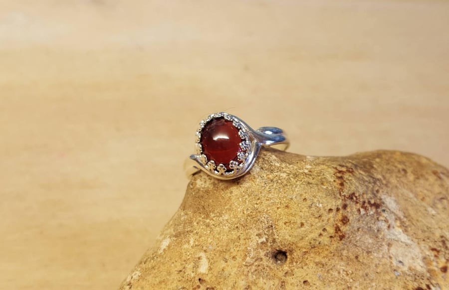 Oval Red Garnet adjustable Ring. January birthstone. 925 sterling silver