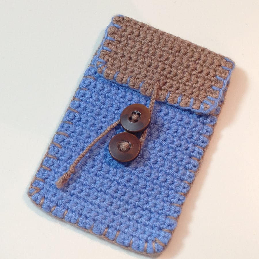 iPhone case - Sky blue and caramel crocheted sleeve with flap