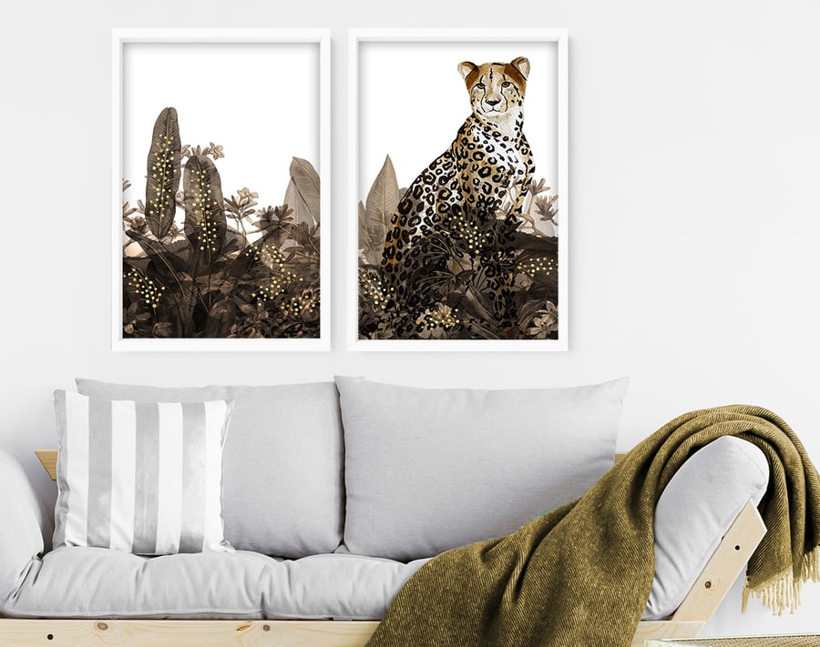 Jungle Animals Set of 2 art Print, Tropical Gold Home Decor wall hanging