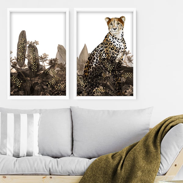 Jungle Animals Set of 2 art Print, Tropical Gold Home Decor wall hanging