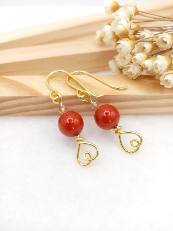 Pearl Earrings - Dark Coral Red Earrings - Crystal Pearl & Gold Heart Earrings