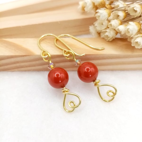 Pearl Earrings - Dark Coral Red Earrings - Crystal Pearl & Gold Heart Earrings