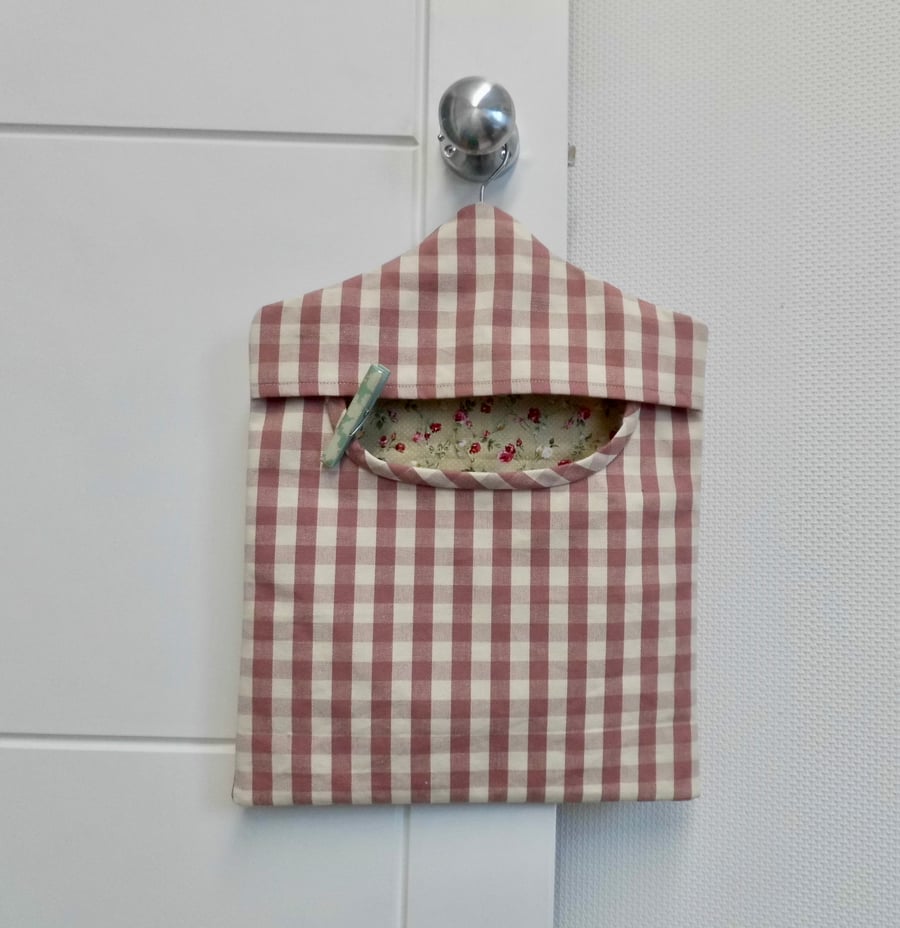 Peg bag in pink check with pretty floral lining