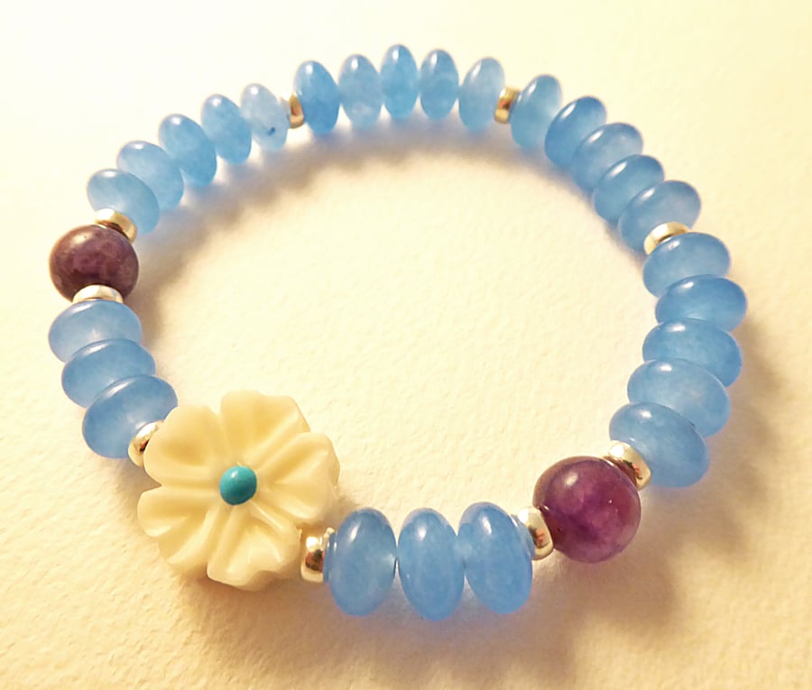 Stretchy Aquamarine Lepidolite Flower Bracelet, Tagua Nut, Sterling Silver