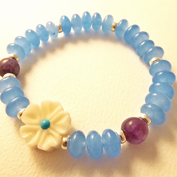 Stretchy Aquamarine Lepidolite Flower Bracelet, Tagua Nut, Sterling Silver