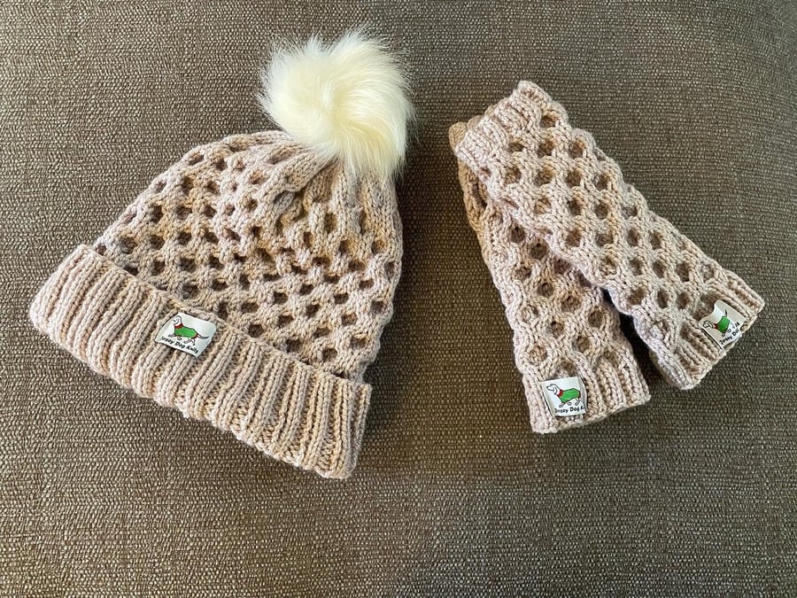 Adult Hat & Wrist Warmers Hand Knitted in Honeycomb stitch to match Dachshund Sm