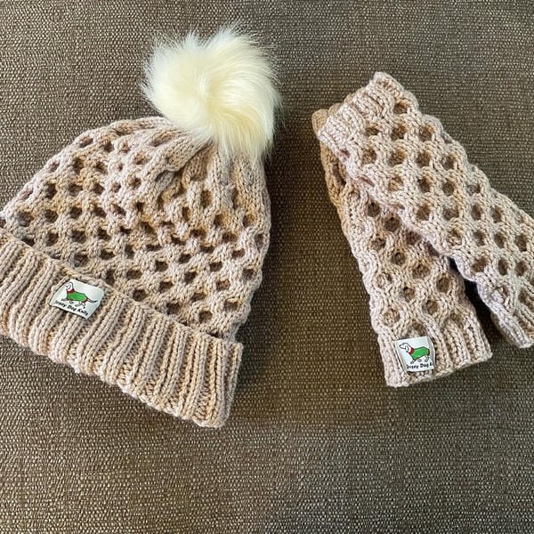 Adult Hat & Wrist Warmers Hand Knitted in Honeycomb stitch to match Dachshund Sm