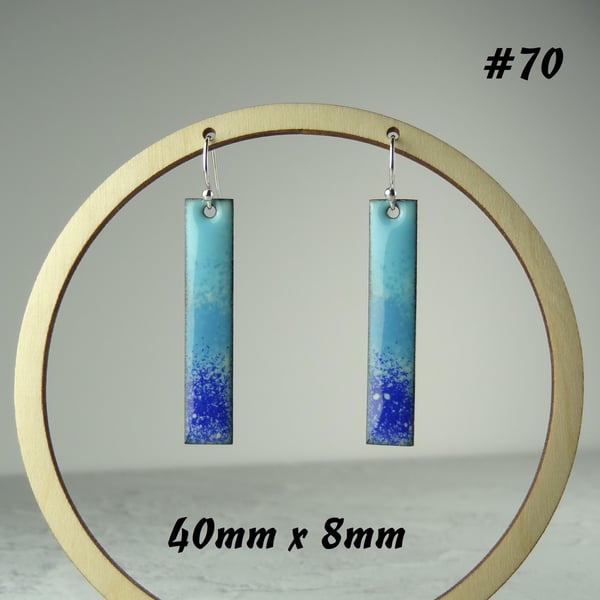 Blue glass enamelled copper drop earrings, sterling silver, 40mm x 8mm, gift box