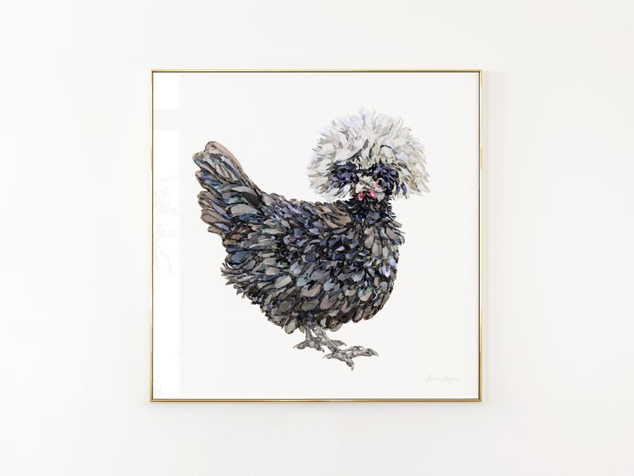 Watercolour Polish Chicken Art Print - A lovely white crested black hen