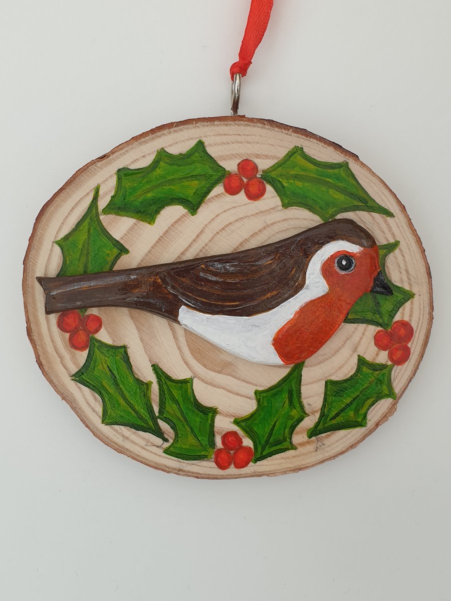 Clay robin redbreast, Christmas log slice hanging decoration