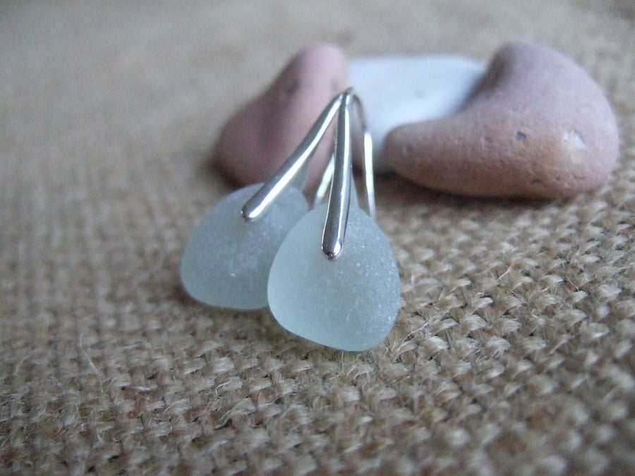 Scottish sea glass sterling silver earrings with sea foam sea glass, waterdrops
