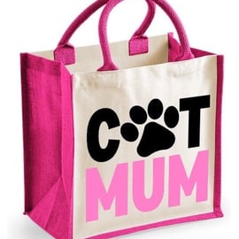 Cat Mum Paw Print Midi Jute Shopper Canvas Bag - Cat Lover Lunch Bag Gift