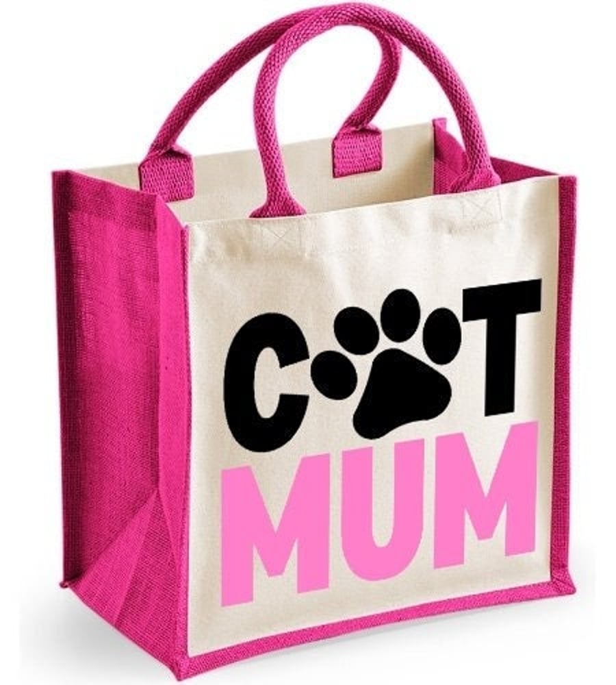 Cat Mum Paw Print Midi Jute Shopper Canvas Bag - Cat Lover Lunch Bag Gift
