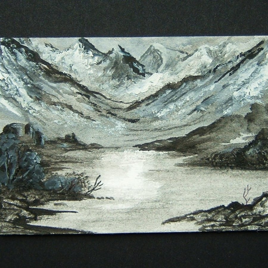 monochrome mountains aceo art landscape painting ref 253