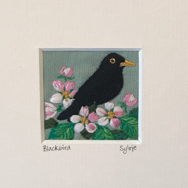 Blackbird and Apple Blossom - hand stitched picture
