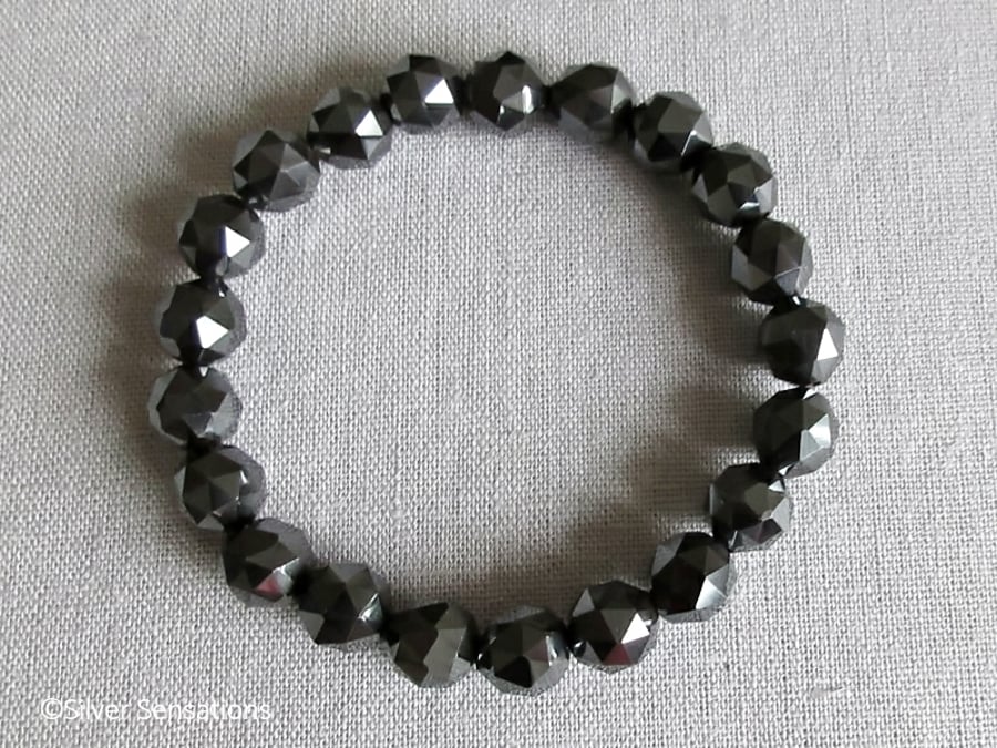 Grey Black Hematite Unusual Triangular Cut Round Beads Unisex Chunky Bracelet