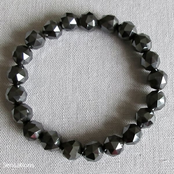 Grey Black Hematite Unusual Triangular Cut Round Beads Unisex Chunky Bracelet