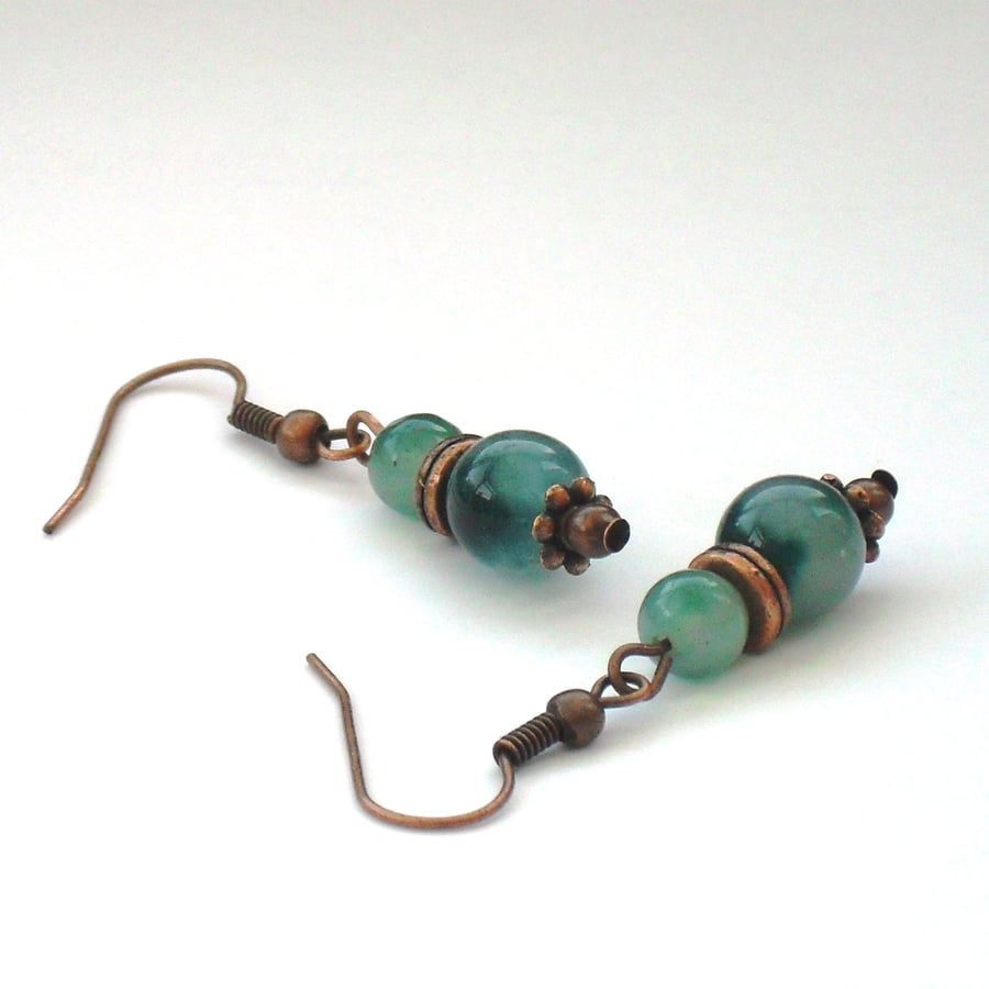 Teal green jade and copper earrings