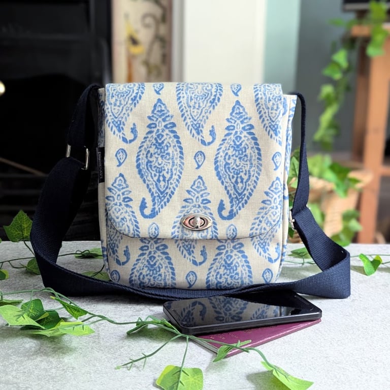 Blue and Cream Paisley, Water-resistant Oilcloth Small Cross Body Bag, Phone Bag