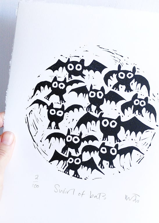 Swirl of Bats - lino cut print