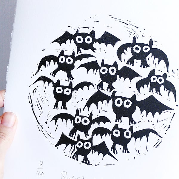 Swirl of Bats - lino cut print