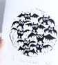Swirl of Bats - lino cut print