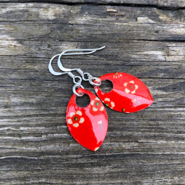 Decoupage and enamel scale earrings. Sterling silver. 