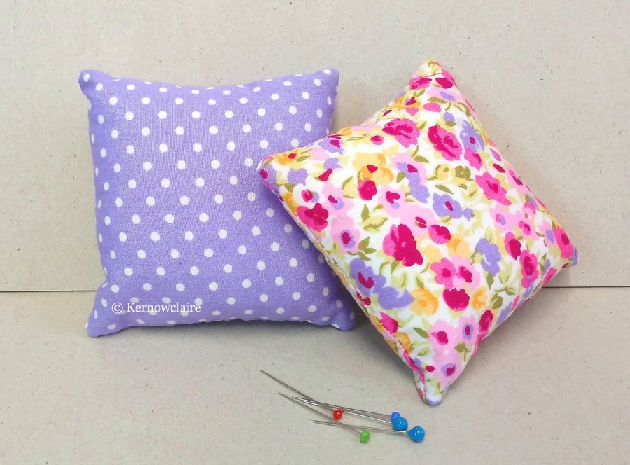 Pin cushions, set of 2, purple and floral