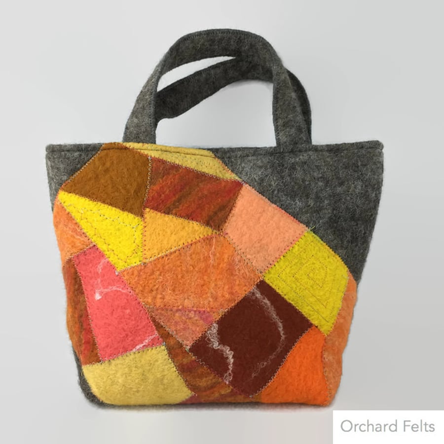 Wet felted handbag, fashion bag, grey wool bag with orange patchwork panel