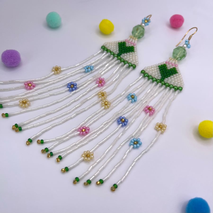Unique design handmade beaded “Summer vibes” drop earrings, rainbow edition