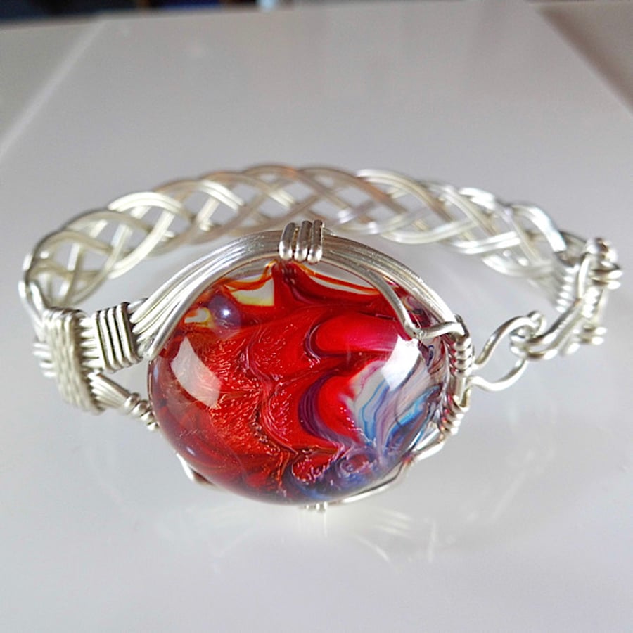 Red & Blue Cabochon Celtic Woven Bracelet, Wire Wrapped Bracelet