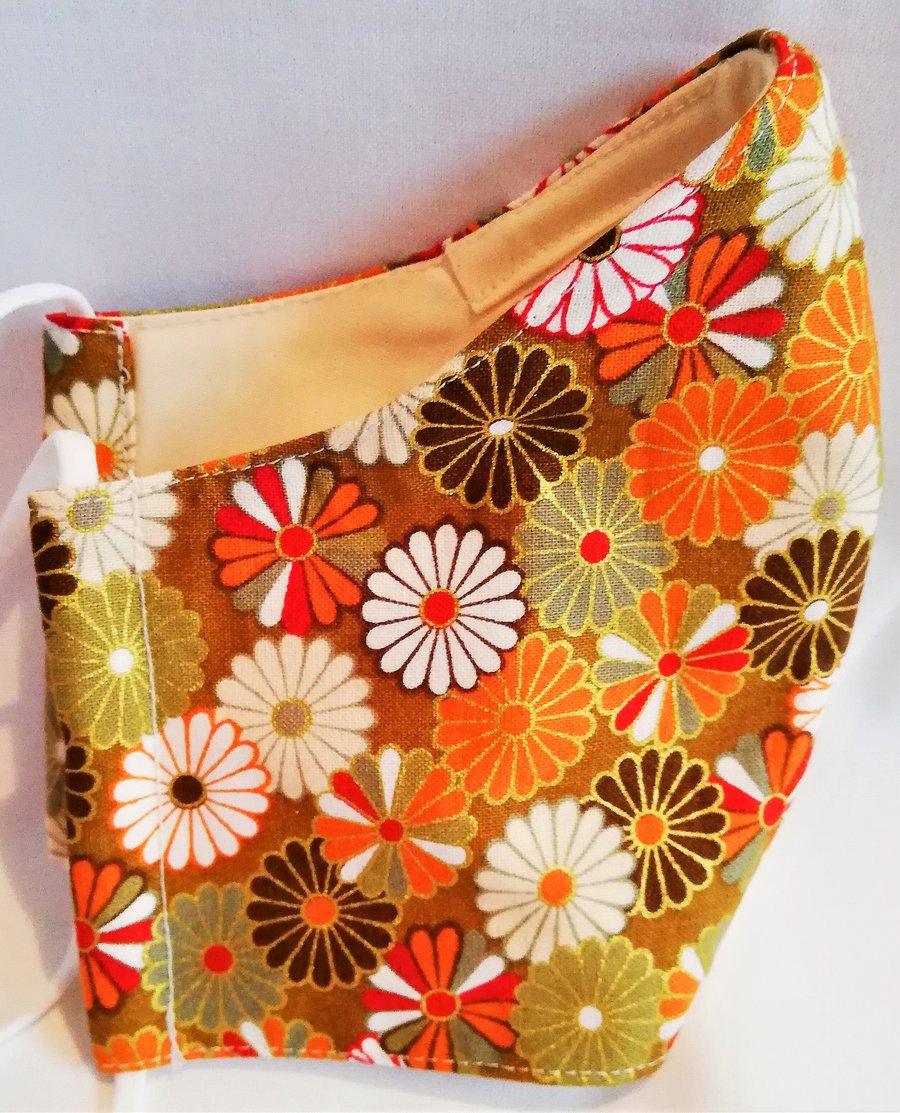 Face mask reusable triple layer 100% cotton flower Japanese print hand made
