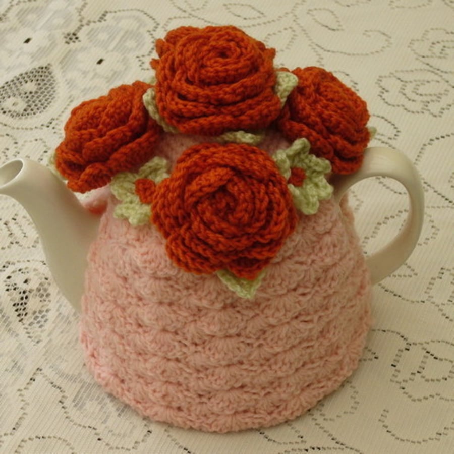 Crochet Tea Cosy Apricot with Tangerine Roses (Made to order)