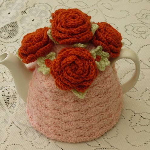 Crochet Tea Cosy Apricot with Tangerine Roses (Made to order)