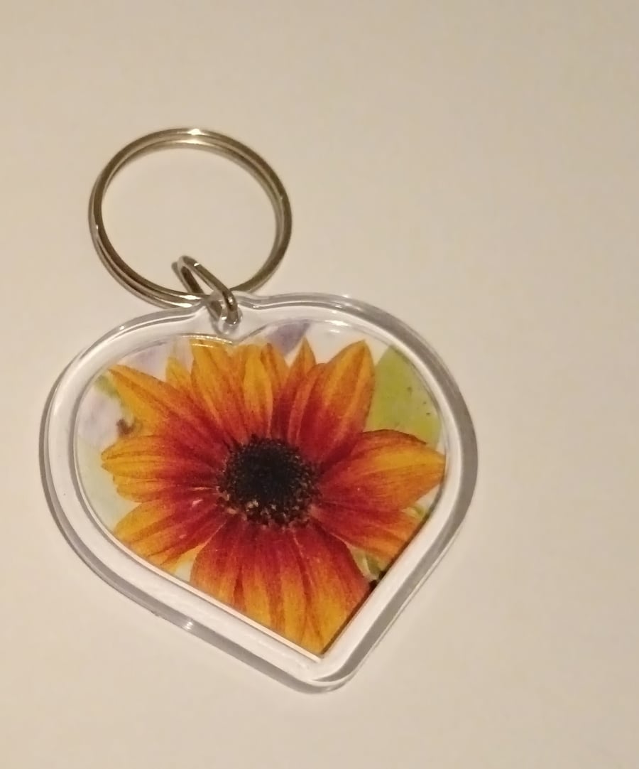 Bright yellow and orange sunflower photography heart shaped keyring 