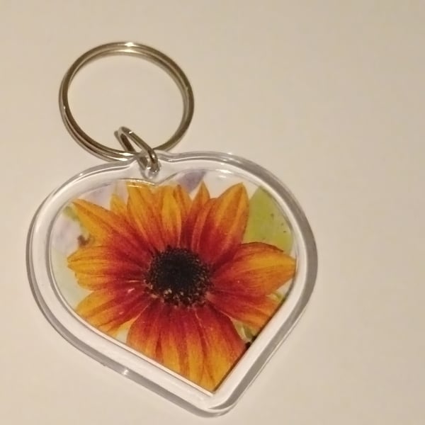 Bright yellow and orange sunflower photography heart shaped keyring 
