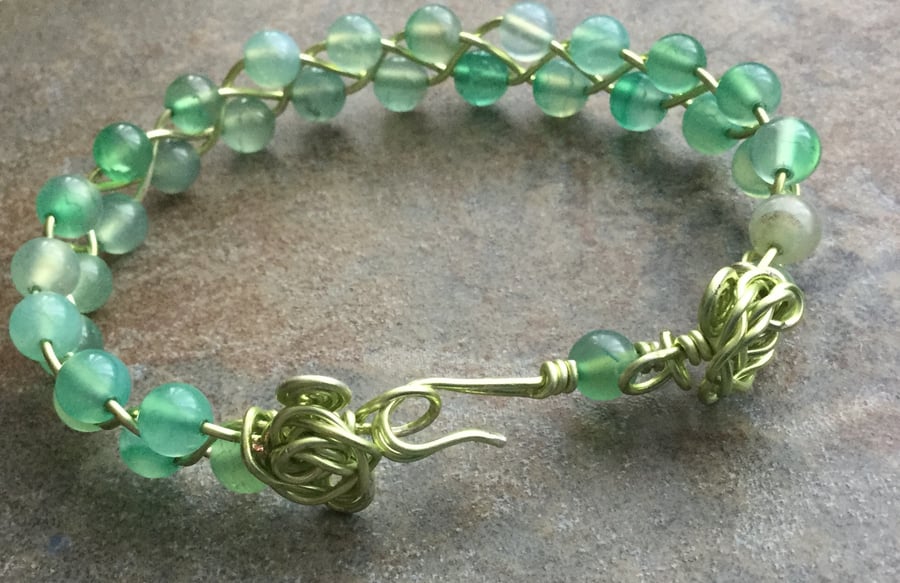 Green Agate Beaded Wire Bangle 