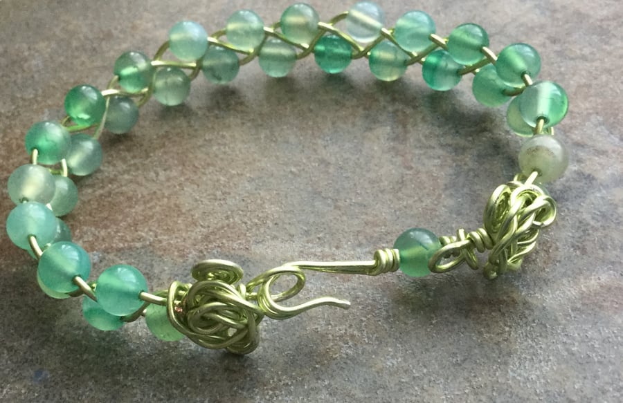 Green Agate Beaded Wire Woven Bangle 